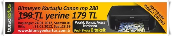 Haftanın Fırsat Kampanyası; Bitmeyen Kartuşlu Canon mp-280 yazıcı, 199 TL yerine 179 TL. KDV ve Kargo dahil.