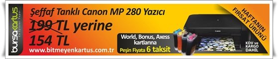 ŞEFFAF Bitmeyen Kartuşlu Canon MP 280'de Çılgın Kampanya; 199 TL yerine sadece 154 TL. KDV ve KARGO DAHİL.