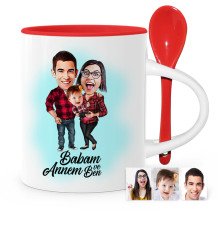 Babalar Gününe Özel Annem Babam ve Ben Karikatür Kırmızı Kaşıklı Kupa Bardak - 2