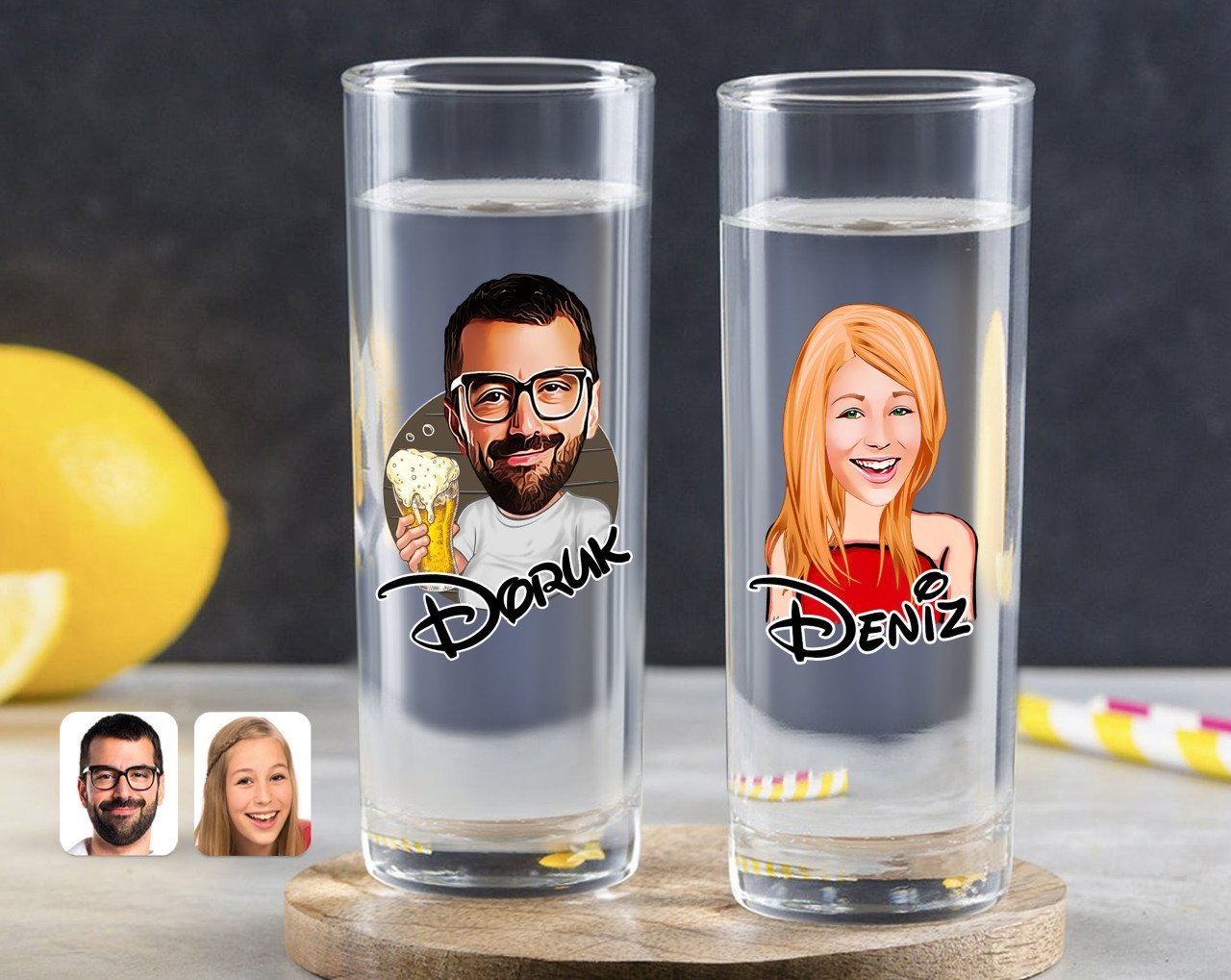 Kişiye Özel Renkli Baskılı Erkek ve Kadın Karikatürlü İkili Vodka Bardağı-6