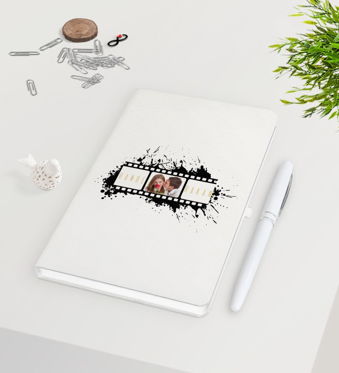 Kişiye Özel Sevgililer Günü Film Şeridi Beyaz Defter Kalem Seti-1