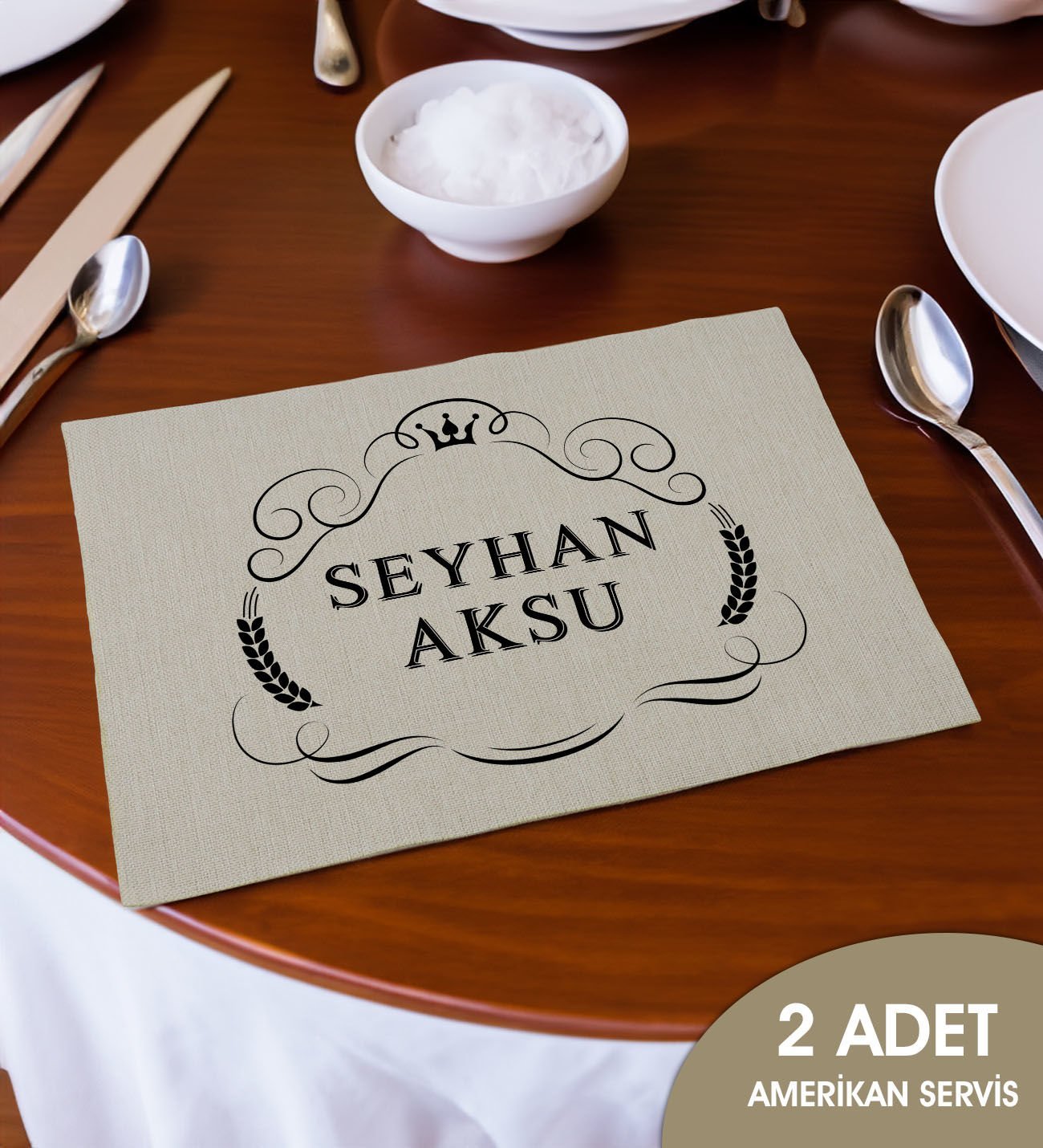 BK Gift Kişiye Özel İsimli 2’li Keten Amerikan Servis Seti-5, Ev Hediyesi,Baskılı Servis Bezi, Mutfak Dekoru
