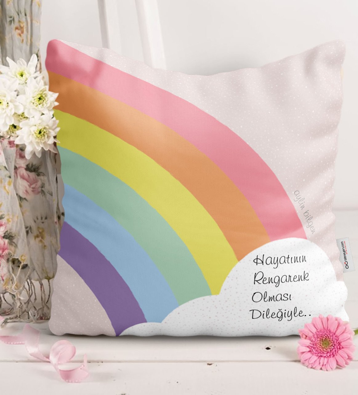Kişiye Özel Gökkuşağı Saten Yastık - 3