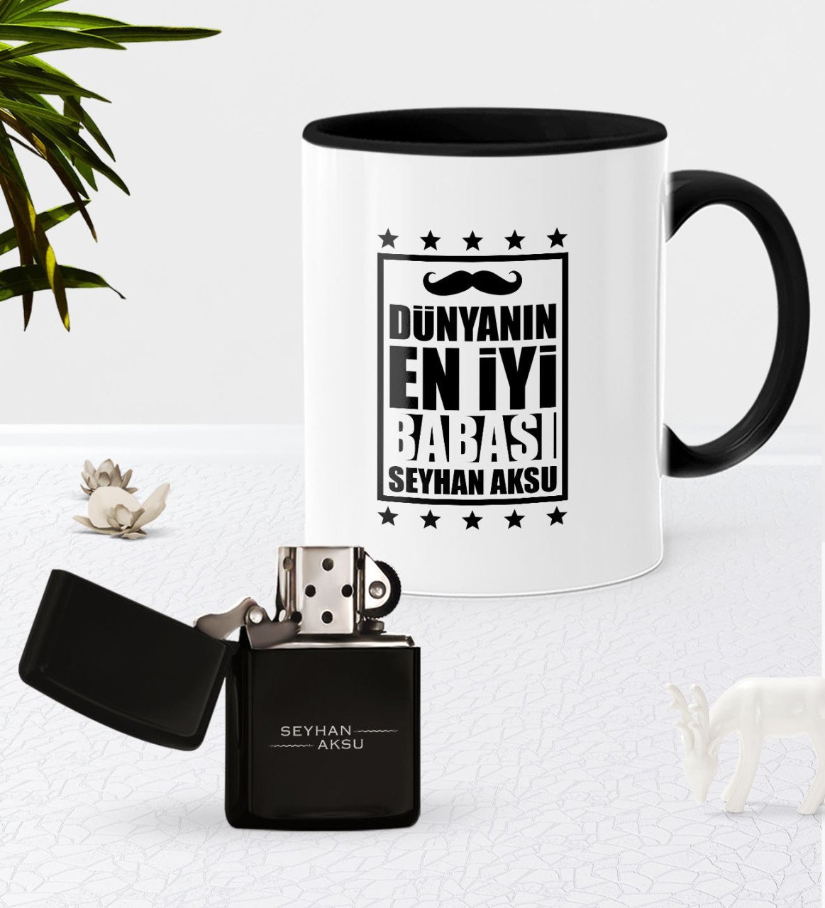 Kişiye Özel Dünyanın En İyi Babası Siyah Kupa Bardak Benzinli Metal Çakmak Seti-5
