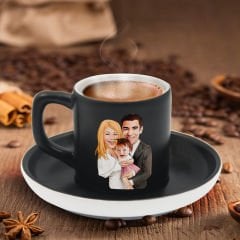 BK Gift Kişiye Özel Aile Karikatürlü Siyah Renk Türk Kahvesi Fincanı-3, Arkadaşa Hediye, Aileye Hediye, Yıl Dönümü Hediyesi