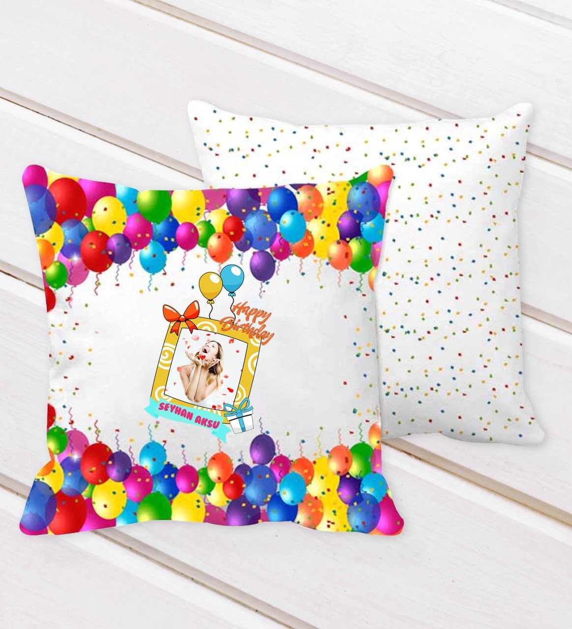 Kişiye Özel Fotoğraflı Doğum Günü Tasarımlı Balon Desenli Dekoratif Kırlent Yastık-12