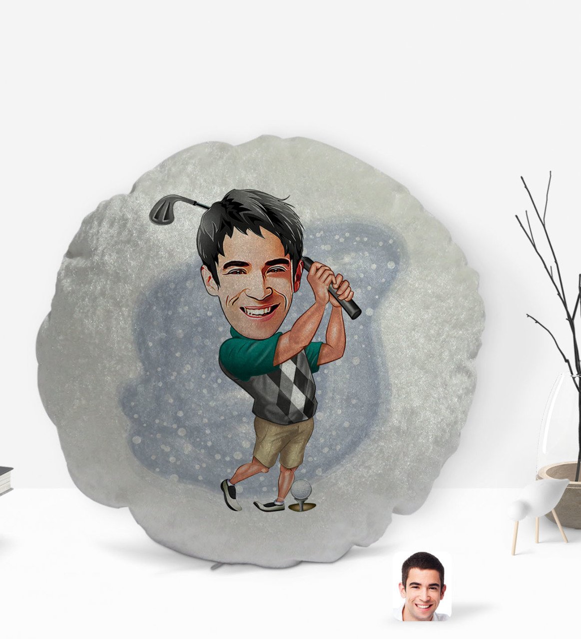 Kişiye Özel Erkek Golfçü Karikatürlü Yuvarlak Dekoratif Kırlent Yastık-1