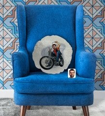 Kişiye Özel Erkek Motorcu Karikatürlü Yuvarlak Dekoratif Kırlent Yastık-5