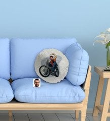 Kişiye Özel Erkek Motorcu Karikatürlü Yuvarlak Dekoratif Kırlent Yastık-5