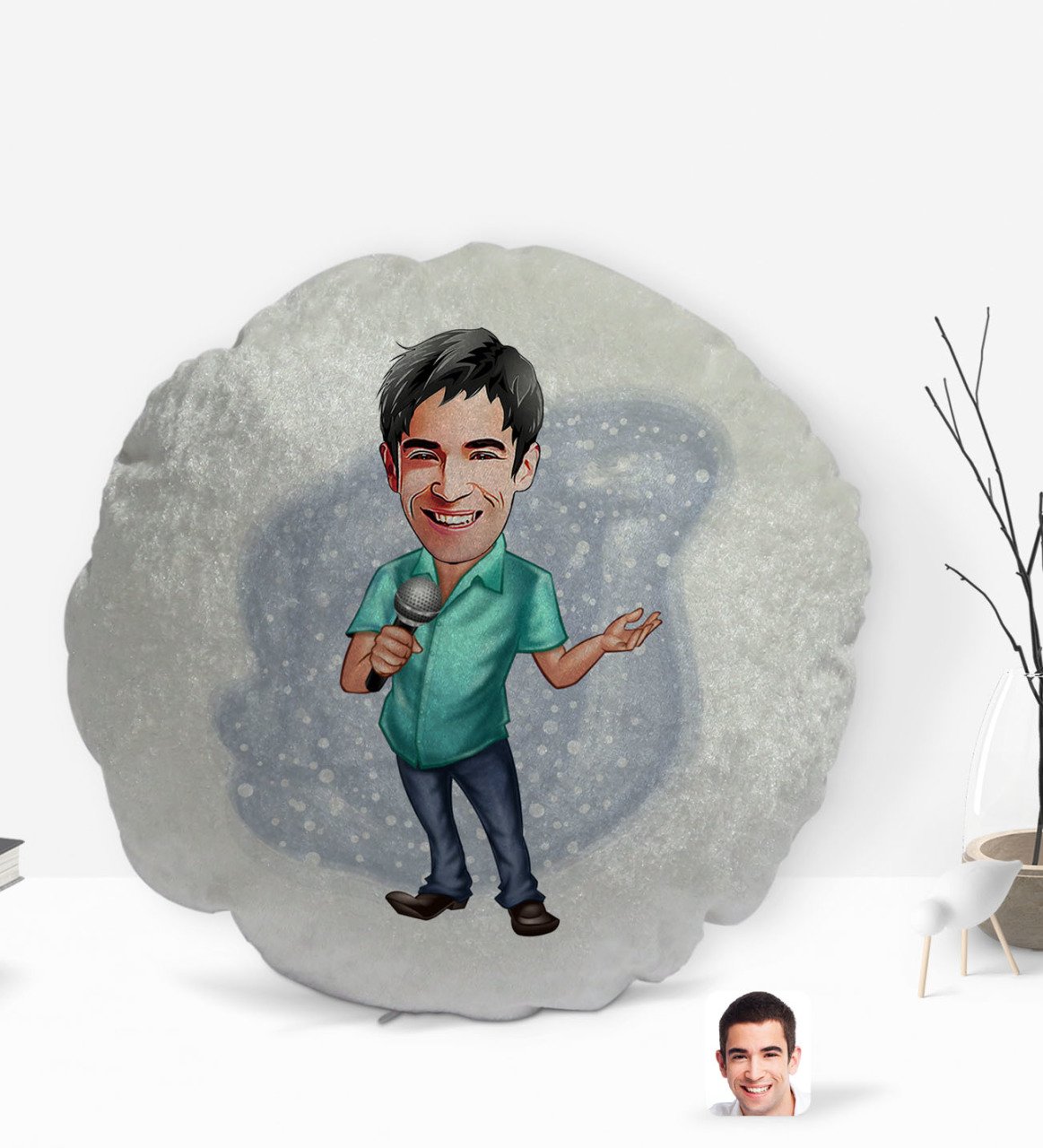 Kişiye Özel Erkek Şarkıcı Karikatürlü Yuvarlak Dekoratif Kırlent Yastık-1