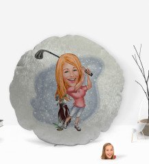 Kişiye Özel Kadın Golfçü Karikatürlü Yuvarlak Dekoratif Kırlent Yastık-1