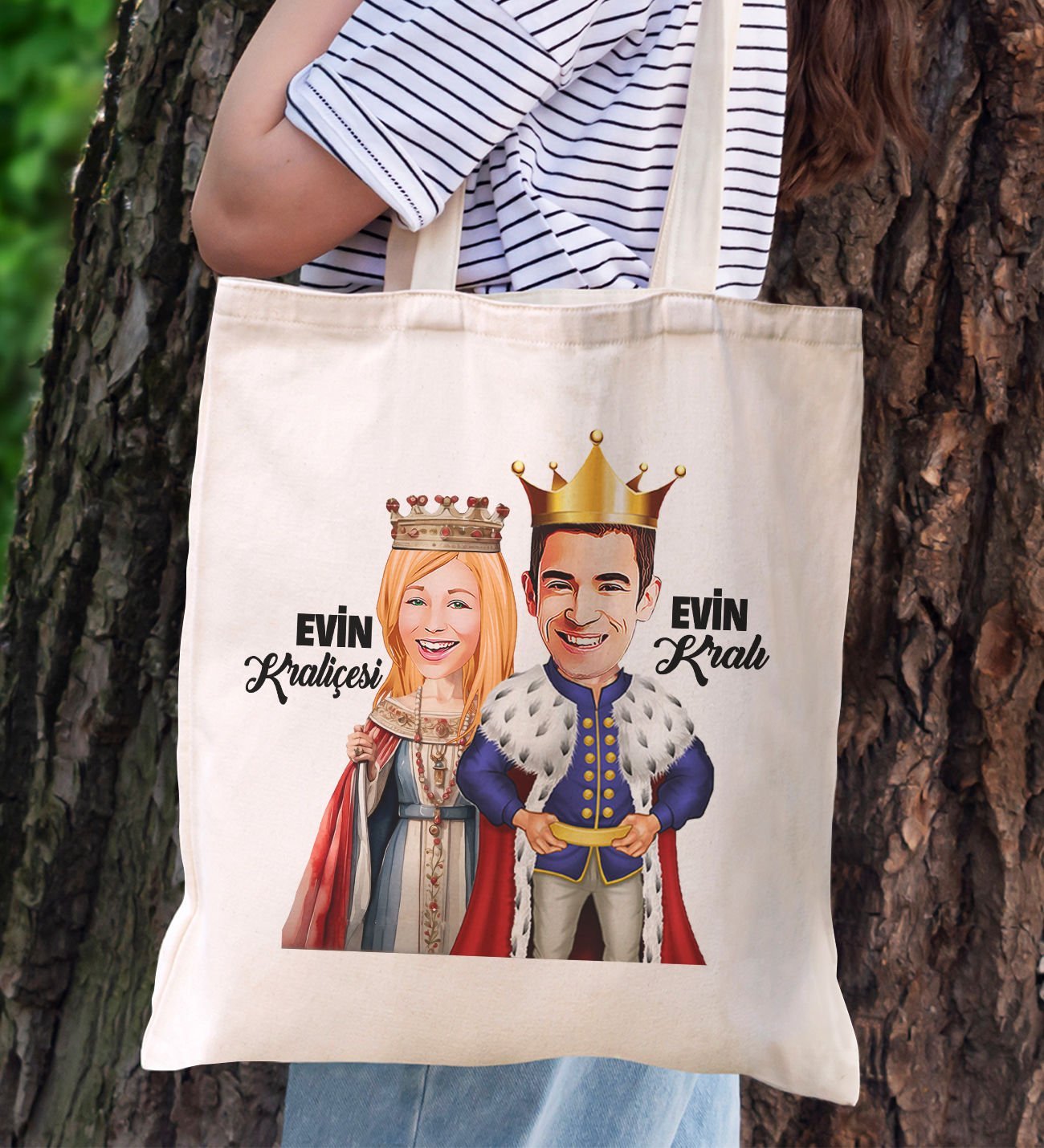 BK Gift Kişiye Özel Kral Kraliçe Karikatürlü Kanvas Bez Plaj Çantası Baskılı Omuz Çantası-1, Alışveriş Çantası, Arkadaşa Hediye