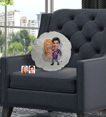 Kişiye Özel Sevgililer Karikatürlü Yuvarlak Dekoratif Kırlent Yastık-3