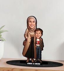 BK Gift Kişiye Özel Anne ve Erkek Çocuk Karikatürlü Ahşap Biblo-2, Anneye Hediye, Anneler Günü Hediyesi, Eşe Hediye