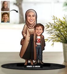 BK Gift Kişiye Özel Anne ve Erkek Çocuk Karikatürlü Ahşap Biblo-2, Anneye Hediye, Anneler Günü Hediyesi, Eşe Hediye