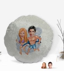Kişiye Özel Sevgililer Karikatürlü Yuvarlak Dekoratif Kırlent Yastık-8