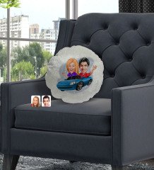 Kişiye Özel Sevgililer Karikatürlü Yuvarlak Dekoratif Kırlent Yastık-52