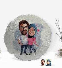 Kişiye Özel Sevgililer Karikatürlü Yuvarlak Dekoratif Kırlent Yastık-58