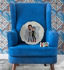 Kişiye Özel Sevgililer Karikatürlü Yuvarlak Dekoratif Kırlent Yastık-60