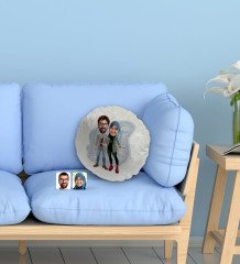 Kişiye Özel Sevgililer Karikatürlü Yuvarlak Dekoratif Kırlent Yastık-60