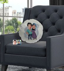 Kişiye Özel Sevgililer Karikatürlü Yuvarlak Dekoratif Kırlent Yastık-61