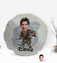 Kişiye Özel İsimli Asker Karikatürlü Yuvarlak Dekoratif Kırlent Yastık-1