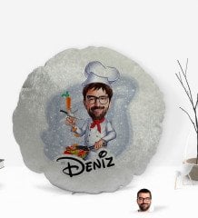 Kişiye Özel İsimli Erkek Chef Karikatürlü Yuvarlak Dekoratif Kırlent Yastık-1