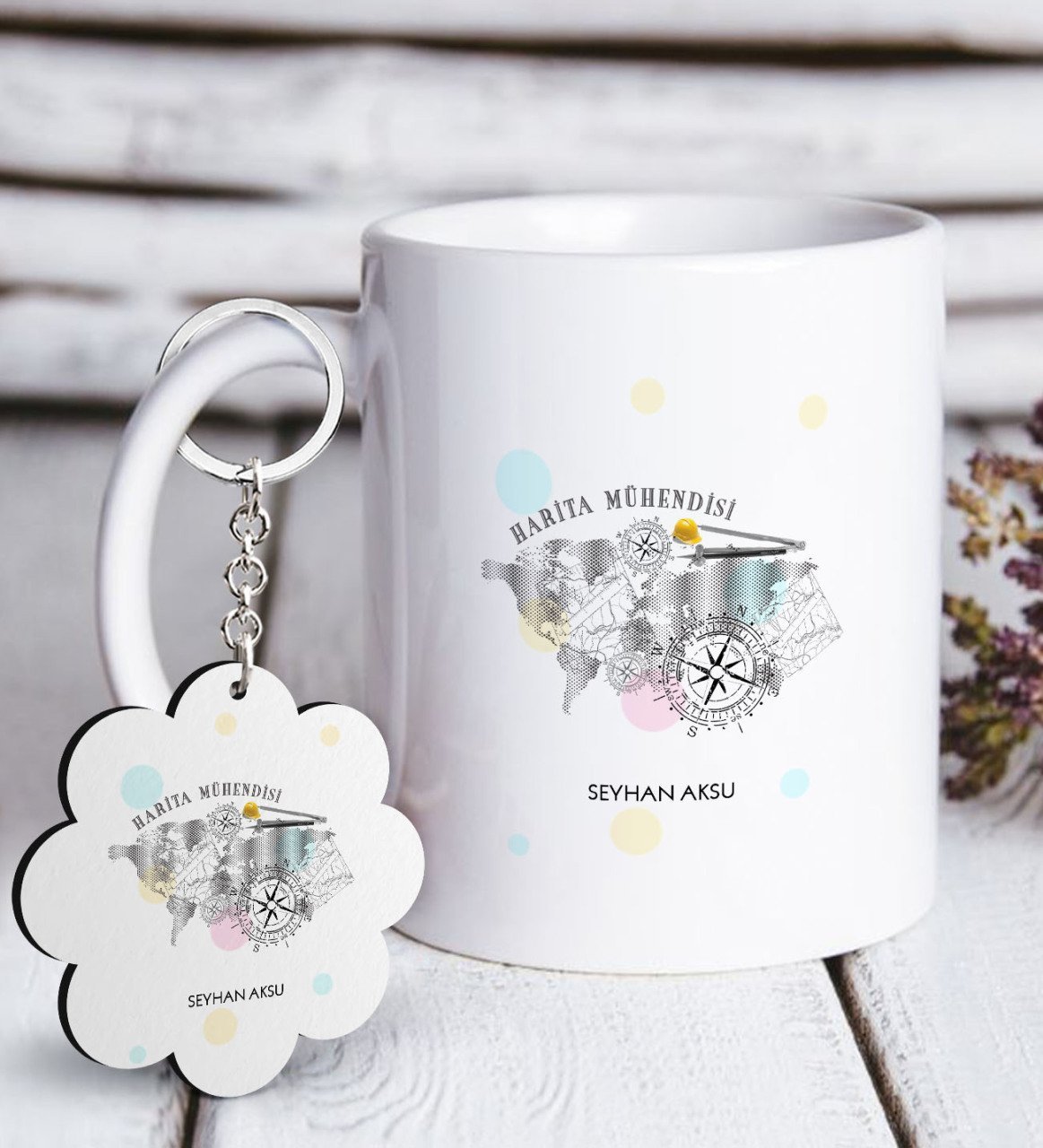 Kişiye Özel Mesleki Harita Mühendisi Beyaz Kupa ve Anahtarlık Hediye Seti-2