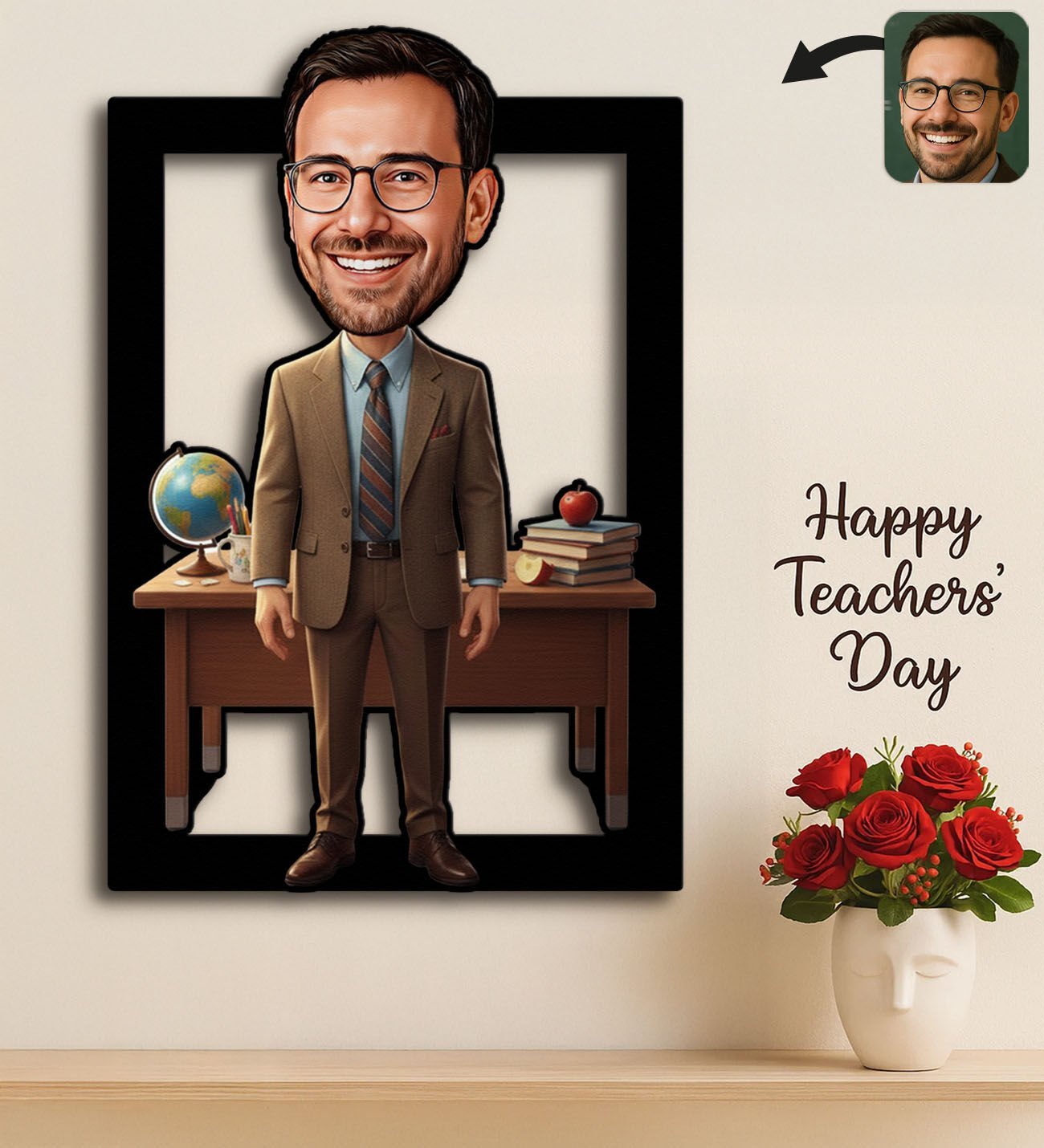 BK Gift Kişiye Özel Erkek Öğretmen Karikatürlü 3D Ahşap Tablo -21, Öğretmene Hediye, Öğretmenler Günü Hediyesi