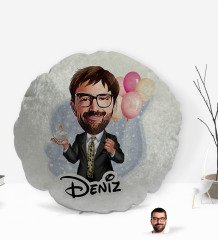 Kişiye Özel İsimli Erkek Doğum Günü Karikatürlü Yuvarlak Dekoratif Kırlent Yastık-3