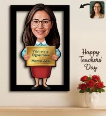 BK Gift Kişiye Özel Kadın Öğretmen Karikatürlü 3D Ahşap Tablo -4, Öğretmene Hediye, Öğretmenler Günü Hediyesi