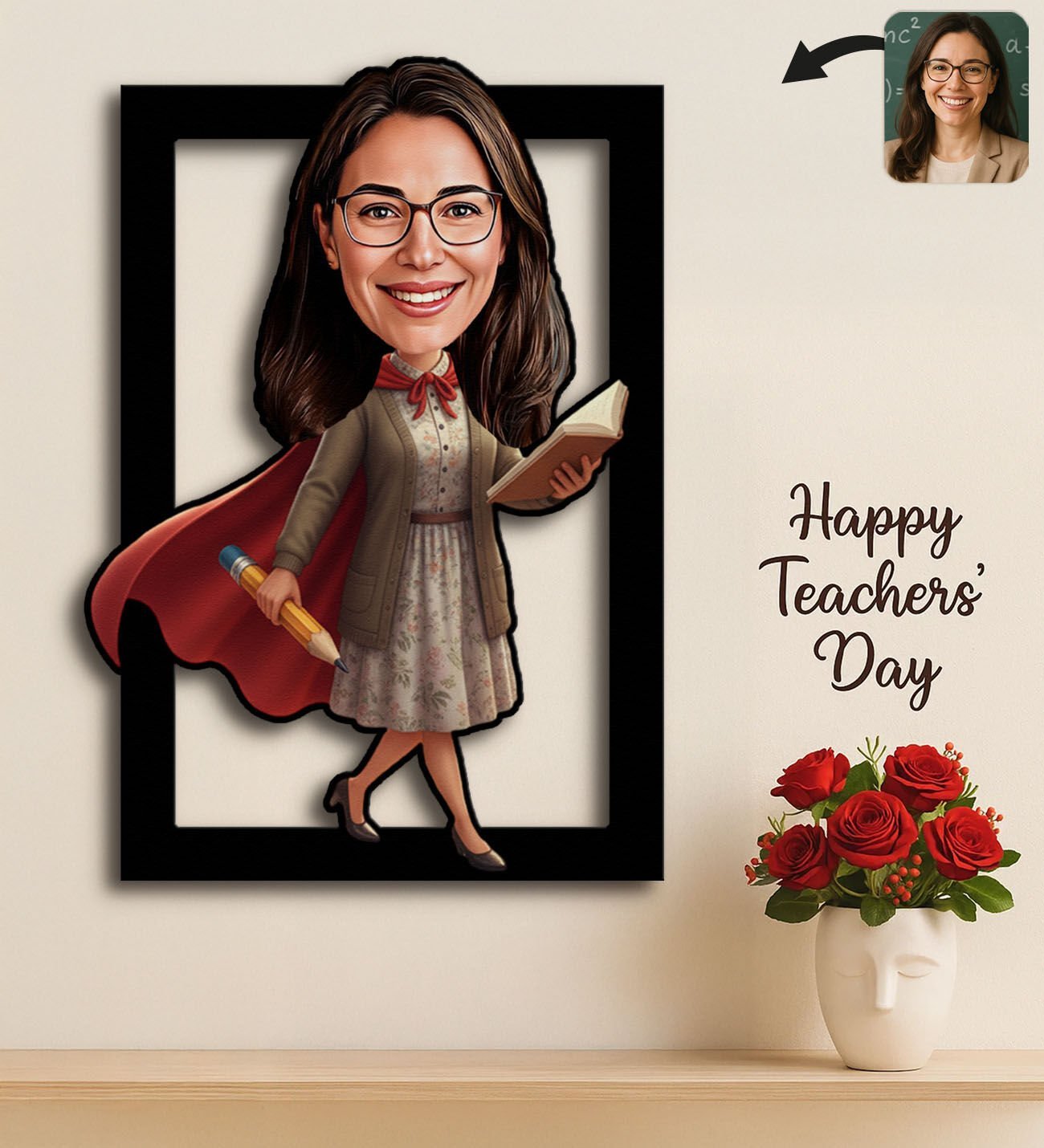 BK Gift Kişiye Özel Kadın Öğretmen Karikatürlü 3D Ahşap Tablo -15, Öğretmene Hediye, Öğretmenler Günü Hediyesi