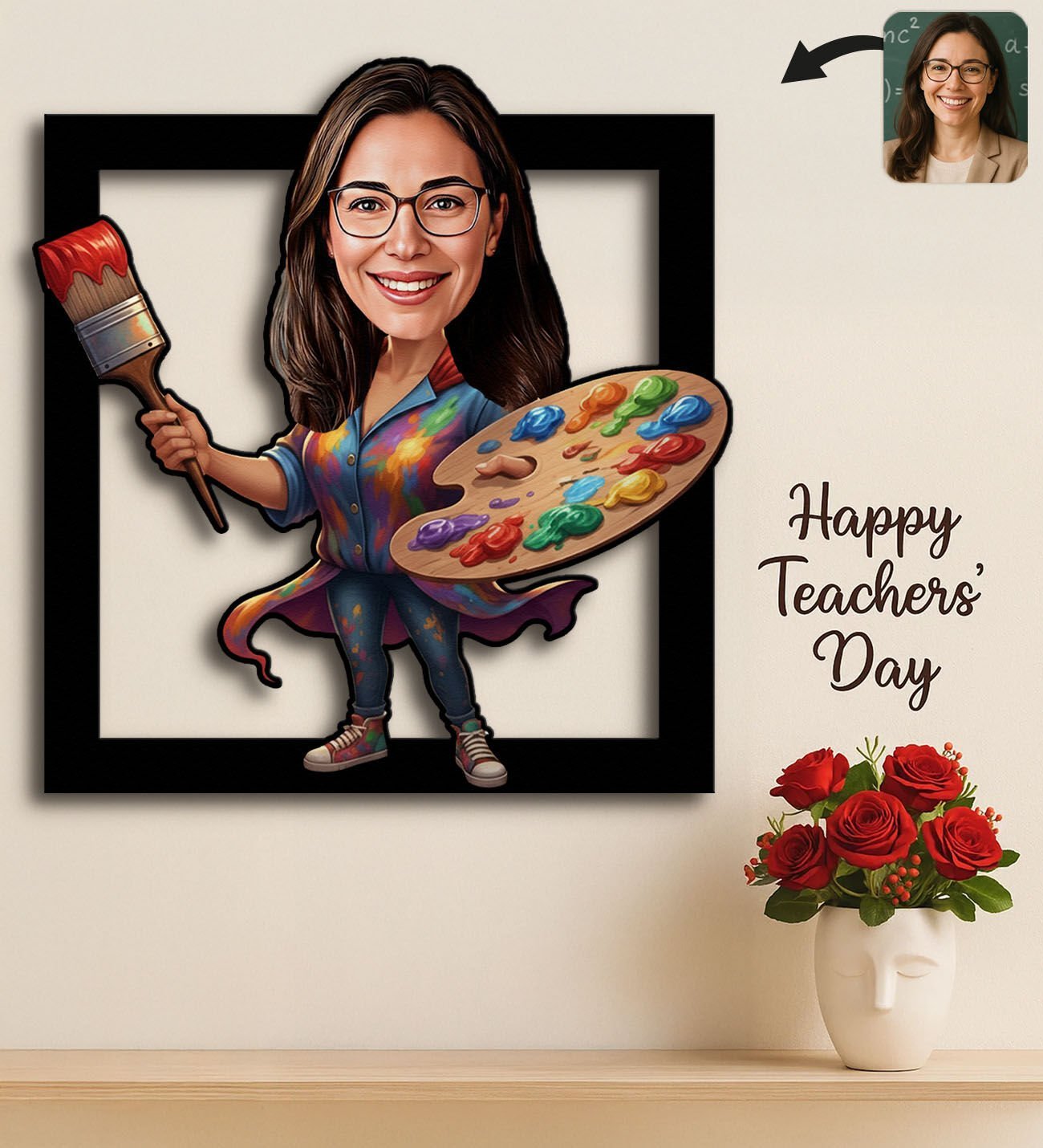 BK Gift Kişiye Özel Kadın Öğretmen Karikatürlü 3D Ahşap Tablo -16, Öğretmene Hediye, Öğretmenler Günü Hediyesi