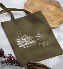 BK Gift İstanbul Tasarımlı-5 Haki Kumaş Bez Çanta, Baskılı Omuz Çantası, Alışveriş Çantası, Arkadaşa Hediye