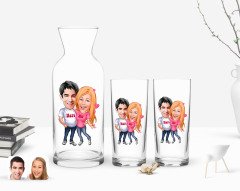 Kişiye Özel Renkli Baskılı Sevgililer Karikatürlü İkili Rakı Bardağı ve Karaf Hediye Seti-5