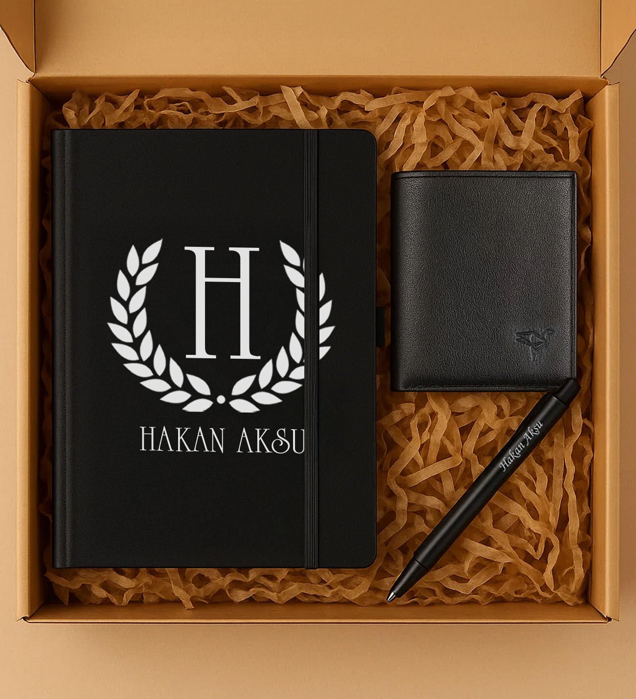 BK Gift Kişiye Özel İsimli Siyah Defter & Kalem & Garbalia Dortmund Hakiki Deri Cüzdan Hediye Seti-1 | Babalar Günü Hediyesi, Erkeklere Özel Hediye