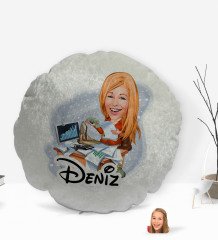 Kişiye Özel İsimli Kadın Bankacı Karikatürlü Yuvarlak Dekoratif Kırlent Yastık-1
