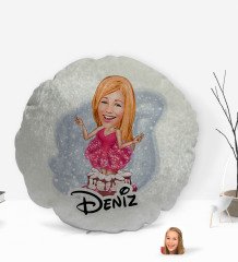 Kişiye Özel İsimli Kadın Doğum Günü Karikatürlü Yuvarlak Dekoratif Kırlent Yastık-1