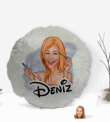 Kişiye Özel İsimli Kadın Karikatürlü Yuvarlak Dekoratif Kırlent Yastık-21