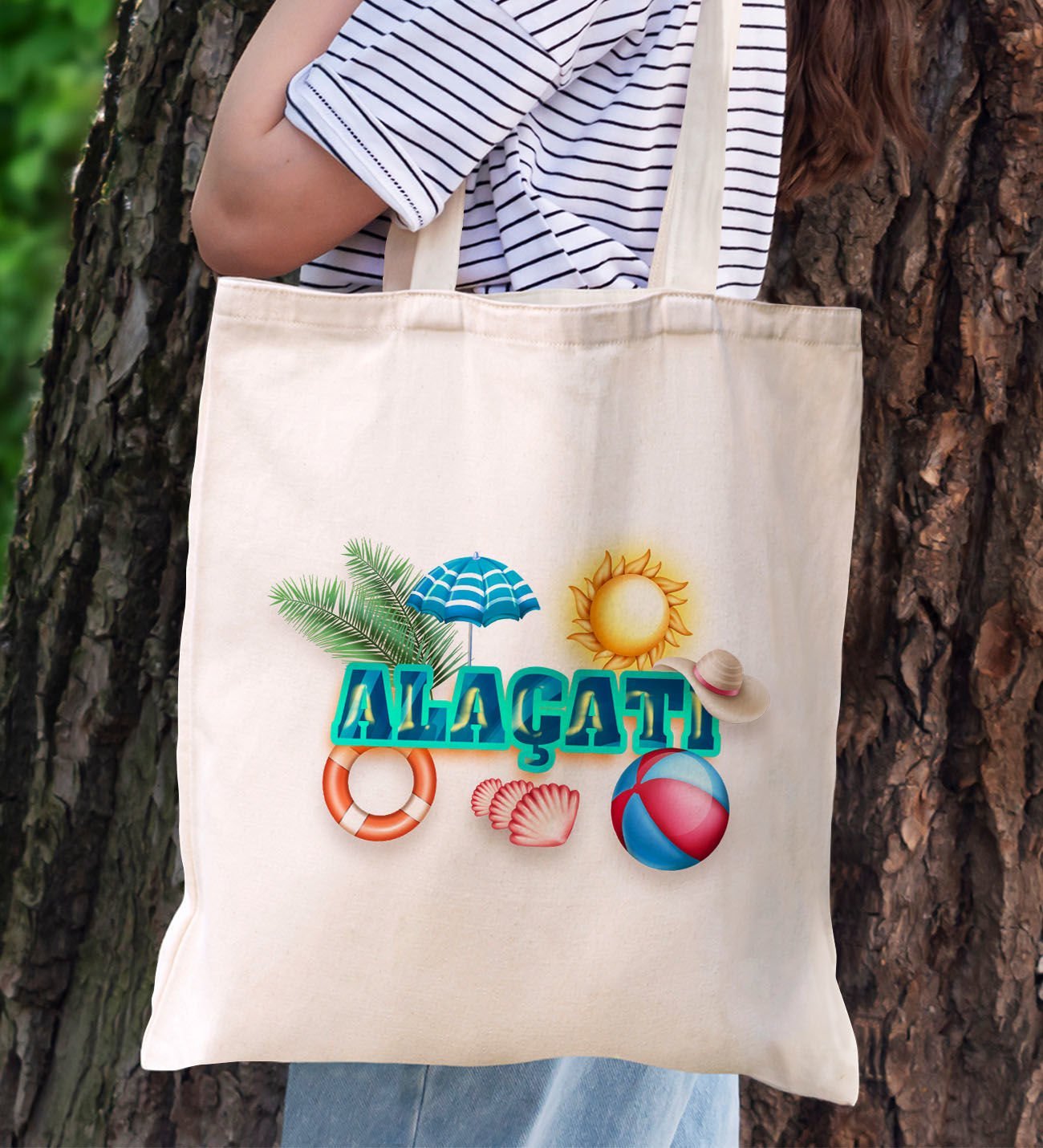 BK Gift Alaçatı Temalı Kanvas Bez Plaj Çantası Baskılı Omuz Çantası, Alışveriş Çantası, Arkadaşa Hediye