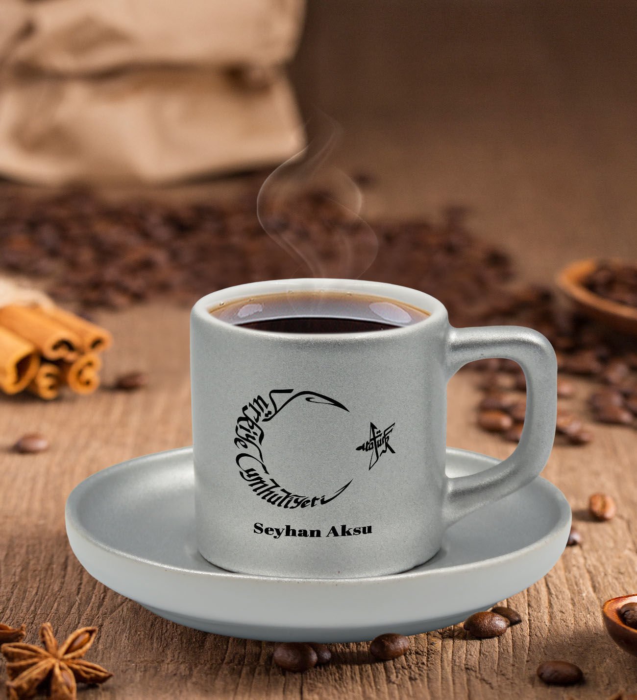 BK Gift Kişiye Özel Atatürk Kaligrafi Temalı Mat Gümüş Yaldız Renk Türk Kahvesi Fincanı-1, Ev Hediyesi, Doğum Günü Hediyesi, Ev Hediyesi