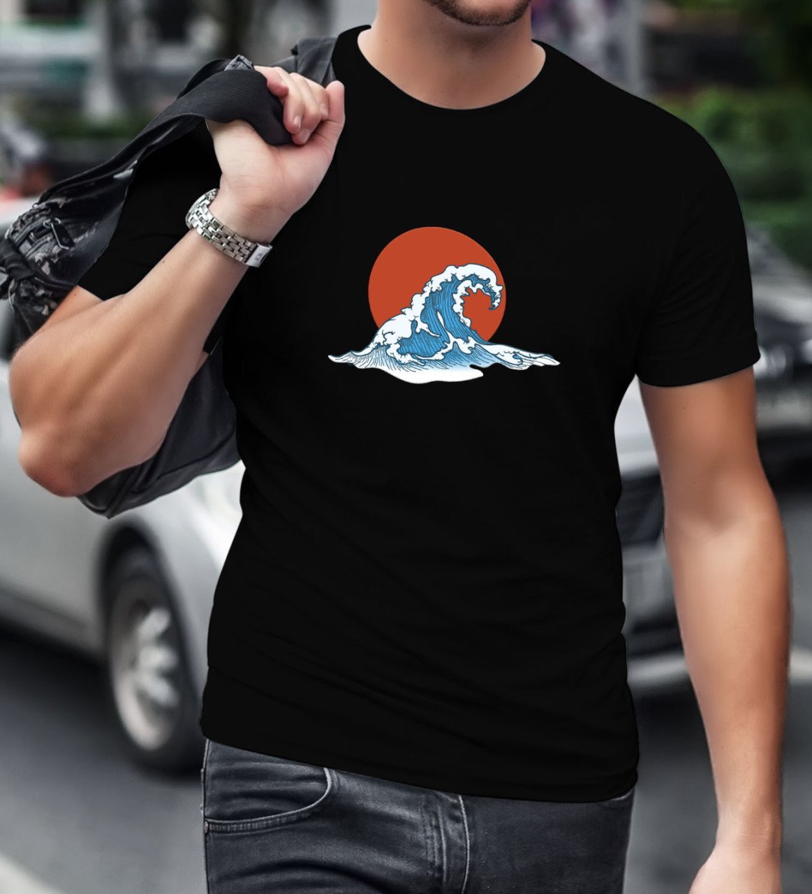 BK Gift Dalga Tasarımlı Siyah T-Shirt-1