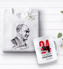 BK Gift Kişiye Özel Öğretmenler Günü Tasarımlı Kupa Bardak ve Atatürk Baskılı Tişört Hediye Seti- 3-4, Öğretmene Hediye, Öğretmenler Günü, 100. Yıl Hediyesi