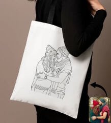 BK Gift Kişiye Özel Line Art Tasarımlı Siyah Çanta-1, Alışveriş Çantası, Arkadaşa Hediye, Sevgiliye Hediye