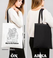 BK Gift Kişiye Özel Line Art Tasarımlı Siyah Çanta-2, Alışveriş Çantası, Arkadaşa Hediye, Sevgiliye Hediye