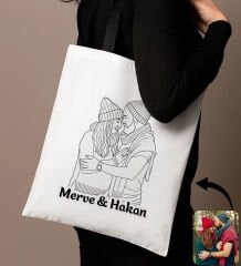 BK Gift Kişiye Özel Line Art Tasarımlı Siyah Çanta-2, Alışveriş Çantası, Arkadaşa Hediye, Sevgiliye Hediye