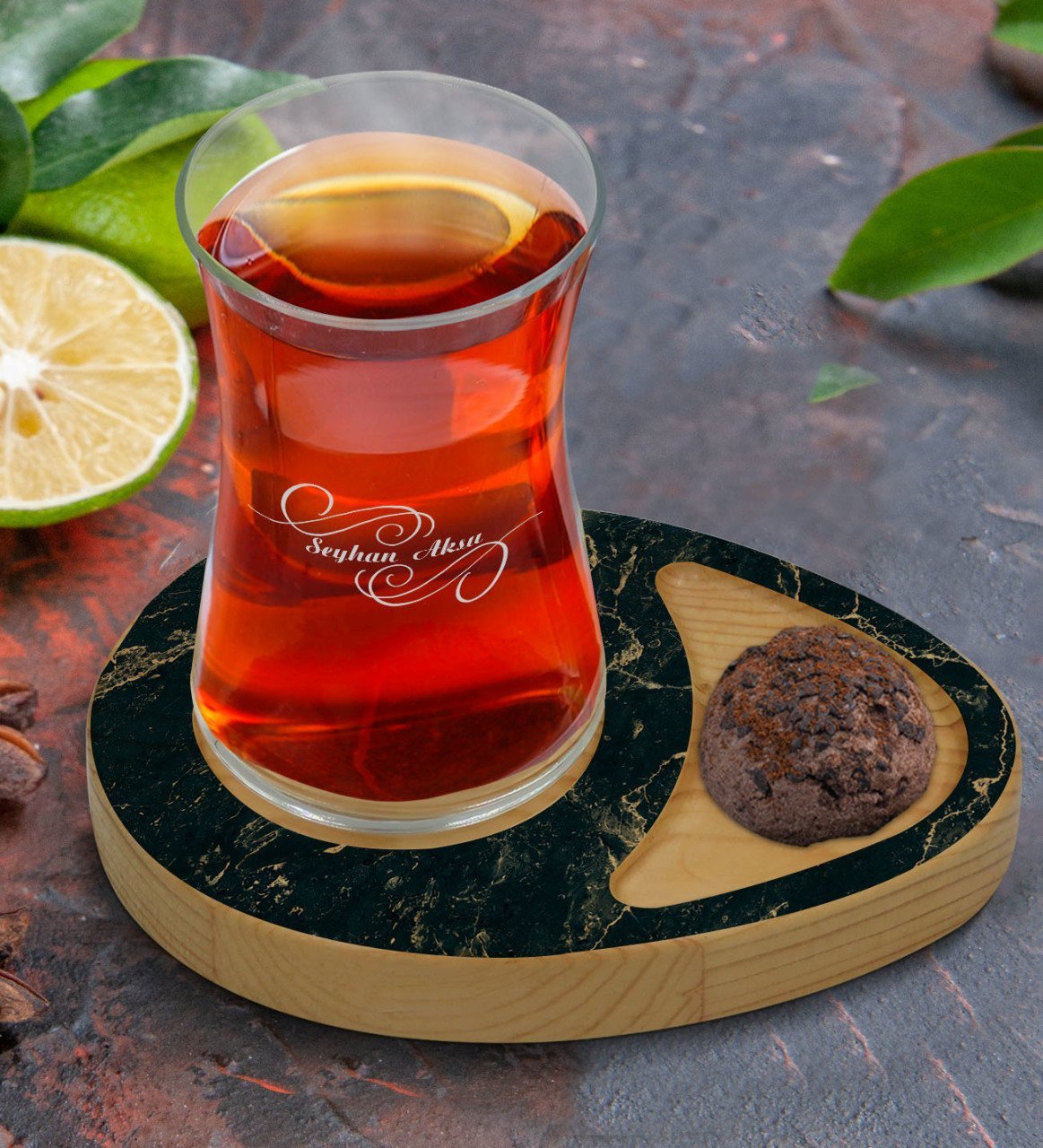 Kişiye Özel Mermer Tasarımlı Doğal Ahşap Tabaklı Heybeli Çay Bardağı Sunum Seti Model 13