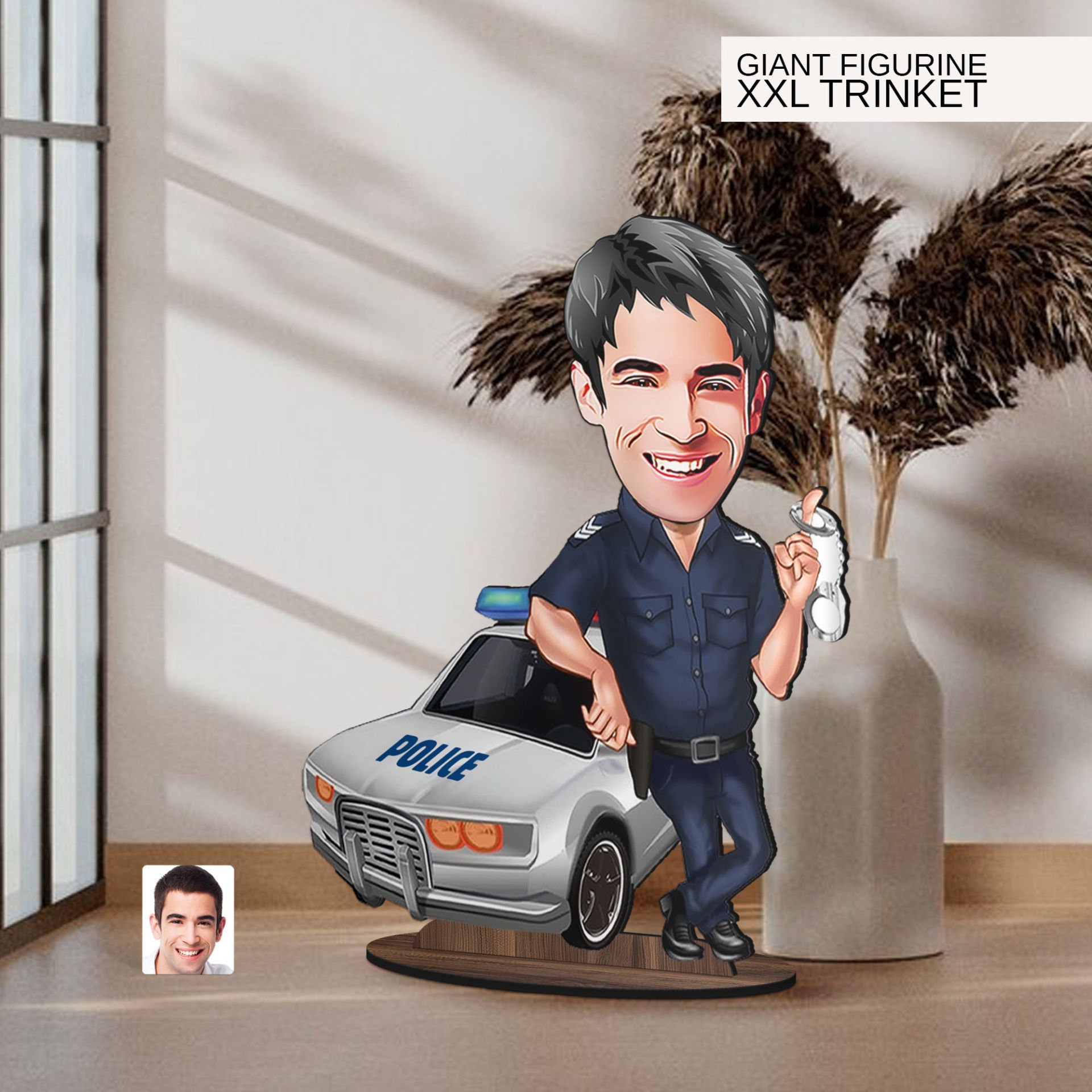BK Gift Kişiye Özel Polis Karikatürlü Büyük Boy Ahşap Biblo-2 Arkadaşa Hediye , Sevgiliye Hediye, Kişiye Özel Biblolar