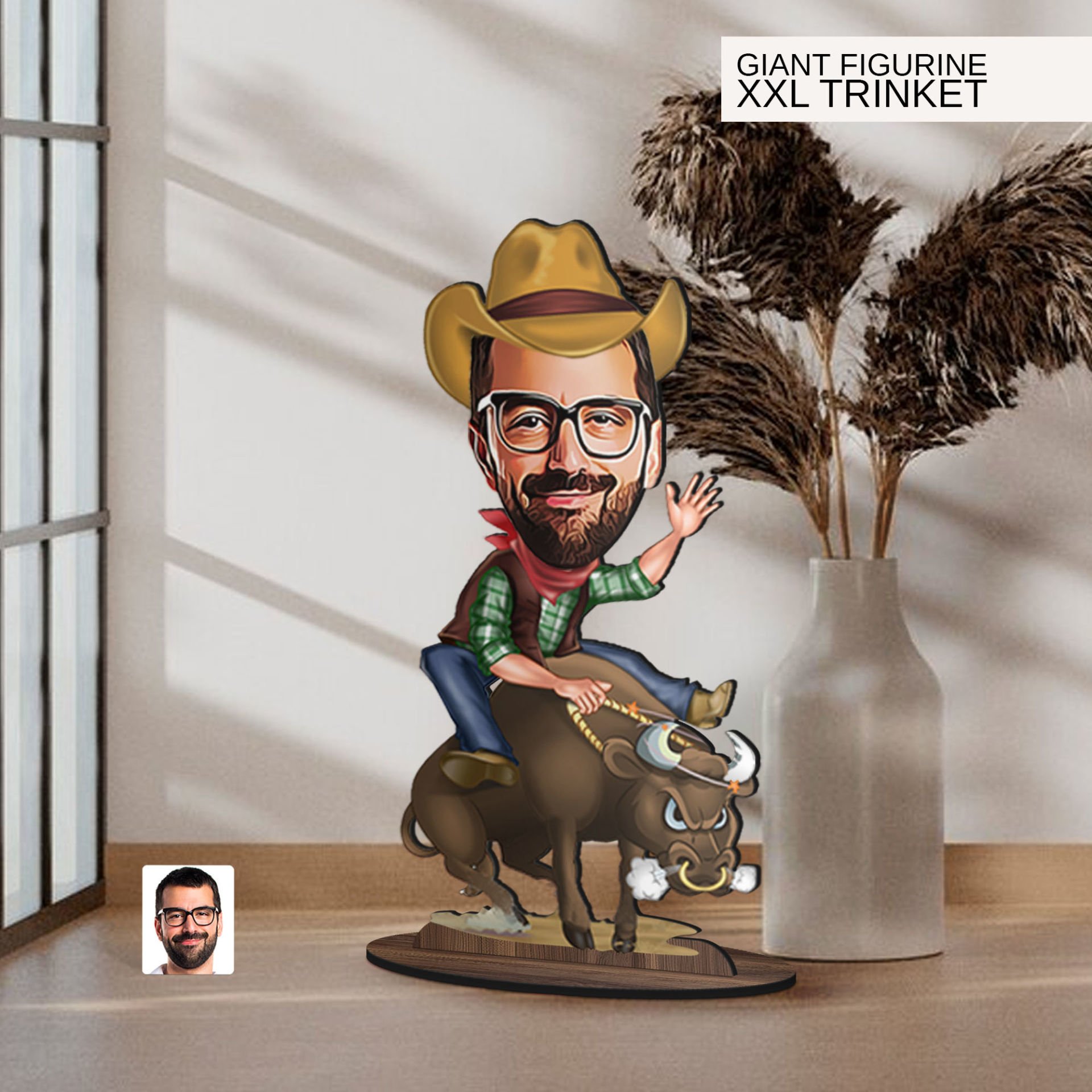BK Gift Kişiye Özel Rodeocu Karikatürlü Büyük Boy Ahşap Biblo-1 Arkadaşa Hediye , Sevgiliye Hediye, Kişiye Özel Biblolar