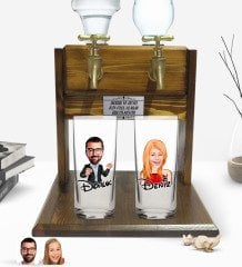 Kişiye Özel Erkek ve Kadın Tasarımlı İkili Rakı Bardağı ve Çift Musluklu Doğal Ahşap Rakı Standı-4